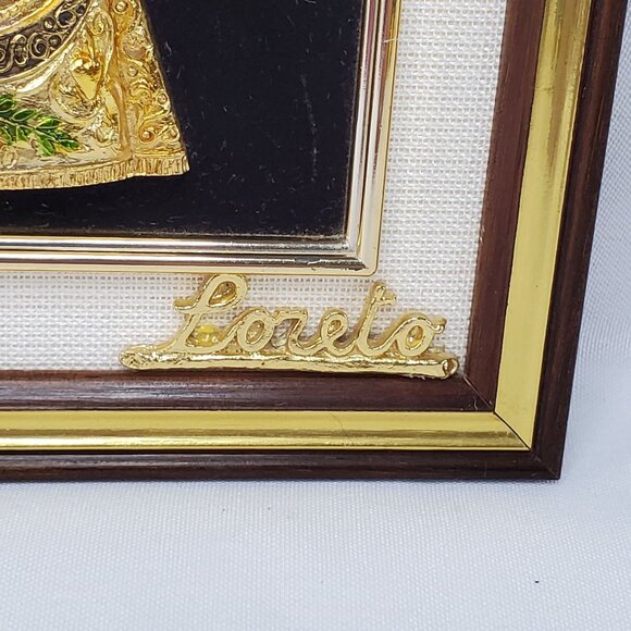 VTG Our Lady of Loreto 3D Plaque Icon In Gold & Black Velvet Frame 7.75" x 6" - Picture 7 of 9